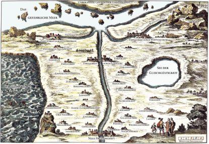 François Chauveau, La carte du Pays de Tendre[Karte des Landes der Zärtlichkeit], um 1754, kolorierter Kupferstich. Deutsche Übersetzung: Antje Eske